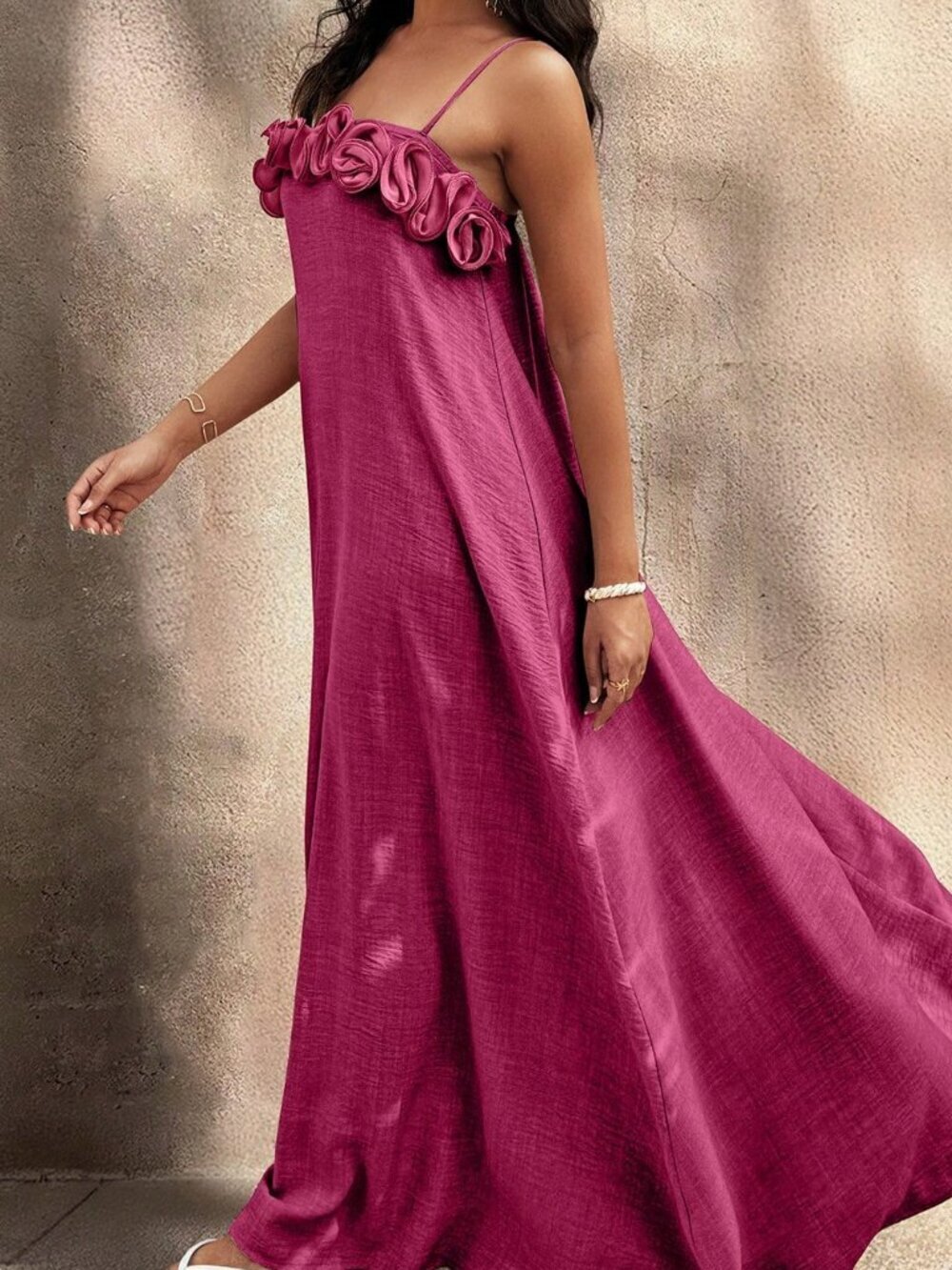 Rose Red Casual Women's 3d Flower A-Line Long Strap Dress